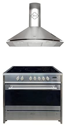 GURARI Herdset GCH E 912 X + GCH C 046 IS 9, Elektro Standherd 90 cm, Glaskeramik, Range Coocker, 121 L, Edelstahl + Dunstabzugshaube, Wandhaube 90 cm, Edelstahl/Inox, Abluft/Umluft, 1000m3/h