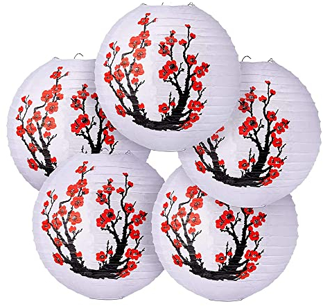 Tiamu Lanterne di Carta Giapponesi/Cinesi da 12 Pollici con Fiori di Ciliegio, Lanterne a Decorative, Paralume Appeso per Capodanno e decorazione giardino (Set di 5,)