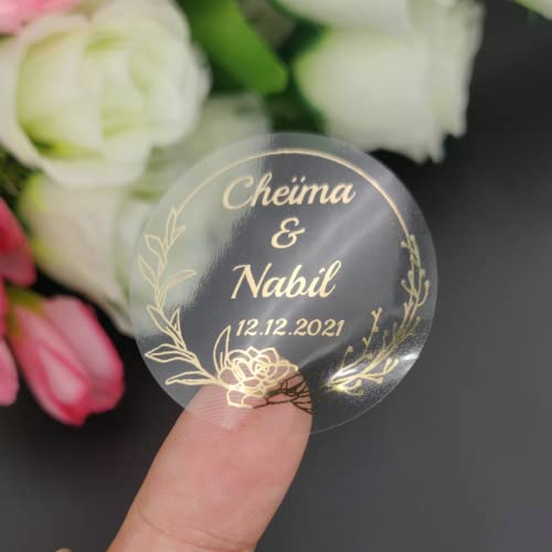 Personalisierter, personalisierbarer transparenter Aufkleber aus Goldfolie für Hennaday, Taufe, Hochzeit, Verlobung, Jahrestag, Umfang (F)