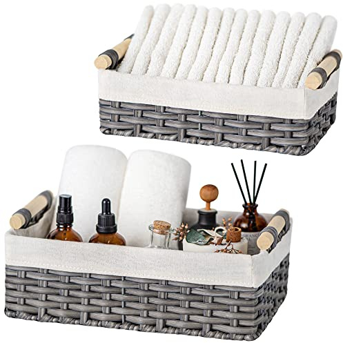 GRANNY SAYS Cestas de Mimbre, Juego de 2 Cestas de Almacenaje Decorativas para Estantes, Cestas para Papel Higiénico, Cestas de Almacenaje Tejidas Grises con Asas de Madera