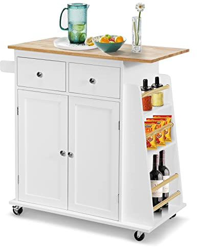 COSTWAY Carrello di Servizio Cucina con Ruote, 2 Cassetti e Portaspezie, Portasciugamani e 2 Porte, Ideale per Casa Ristorante e Bar, MDF + legno di gomma 88x45x89,5 cm (Bianco)
