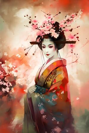adrium Acryl-Bild 80 x 120 cm: Schöne asiatische Geisha mit Kirschblüte. Digitale Zeichnung. (201174291)