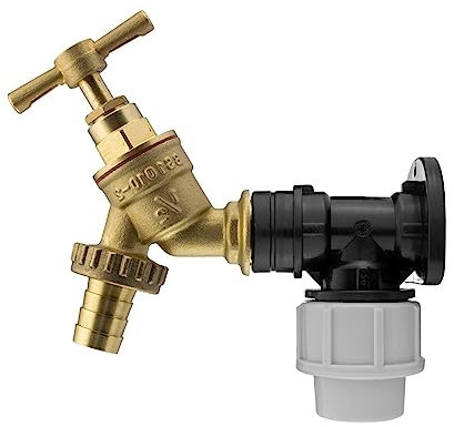 MDPE Compression Wall Flange Plate + Hozelock Compatible Quick Connect Tap 20mm (Brass Bib Tap - Barbed)