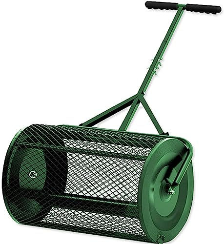 Kompostspridare, gräsmattevals, lättviktig gödselspridarvals med T-format handtag, toppjordspridare för gräsmatta och trädgård, gå och skjut korgsikt för gården,Green-32 * 60cm