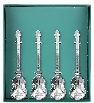SHIDOW Lot de 4 cuillères à café en forme de guitare, cuillères à café mignonnes en acier inoxydable, cuillère à mélanger à la crème glacée (1 lot de 4, argenté)