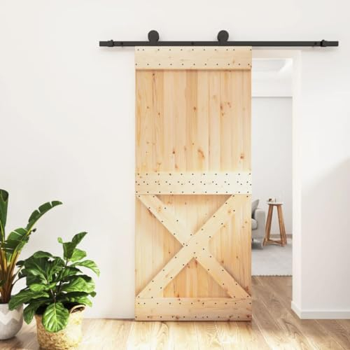 Festnight Schiebetür mit Beschlag Schiebetürsystem Komplett-Set Holzschiebetür Schiebetür Holz Schiebetür Schiene Schiebetür Komplettset Mit Tür 90x210 cm Massivholz Kiefer-25