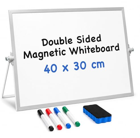 Fridge Magic Magnetisches, trocken abwischbares Whiteboard im A3-Format für den Schreibtisch oder zu Hause – 42 x 30 cm – inklusive 4 leicht zu reinigenden Stiften und Radiergummi – doppelseitige pers