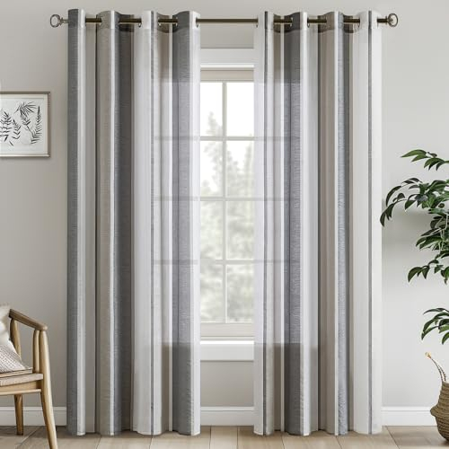 EMEMA Tende a righe trasparenti con occhielli Tende in voile Soggiorno moderno Set di 2 tende Camera da letto Trasparente con motivo Tenda a righe semitrasparente 140 x 225cm Bianche e Grigio Scuro