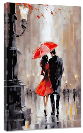 CCWACPP Romantic Couple Wall Art Street Lovers with Red Umbrella Painting Abstract Canvas Prints Paris Artwork For Girls Bedroom Room Wall Decor Framed (B, (40.00 x 60.00 cms))