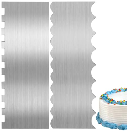 Kinberry Stainless Steel Cake Scraper, 2PCS Cake Edge Scraper Double Sided Patterned Cake Smoother Scraper Mousse Cream Butter Scraper, Kitchen Baking Tools for Cake Edges Decoration
