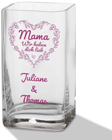 GRAVURZEILE Blumenvase mit UV Druck - Mama (Wir haben...) - Personalisiert mit Namen - Moderne Vase aus Glas - Personalisierte Geschenke für Frauen - Deko Geschenkidee zum Muttertag - 20x11cm
