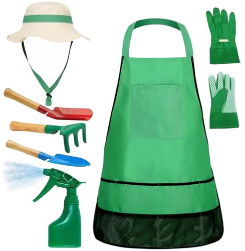 Hperu 7pcs/Set Kids Gartenwerkzeuge, Bildungskindgarten -Set umfassen Schürze, Sprühgerät, Handschuhe, Hut, Rechen, Schaufeln Kindergartenwerkzeug für Kinder