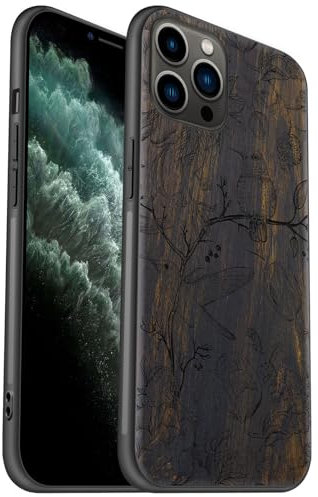Carveit Coque en Bois pour iPhone 11 Pro Étui Protection Artistique Cover TPU Souple de téléphone Antichoc Compatible avec Apple 11 Pro Etui (Bois Sombre-Une Danse de Flore et aviaire)