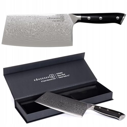 Kohersen - ELEGANCE Hacha de carne, cuchillo de cocina de acero de Damasco, mango de madera de ébano africano, cuchillo de chef, cuchillo inoxidable - 31 x 2 x 8 cm