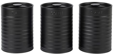 Russell Hobbs RH03268EU7 Ribbed Juego de botes de 3 piezas - juego de 3 recipientes de almacenamiento de cocina para té, café y azúcar, acero duradero, fácil de limpiar, negro