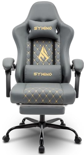Symino Gaming Stuhl - Ergonomischer Bürostuhl im Racing Style, 200 kg Belastbarkeit, verstellbare Armlehnen, Vintage PU Leder, Gaming Chair mit Fußstütze (Grau)