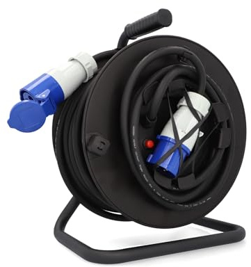 cartrend Explorer - Carrete alargador CEE con 1 enchufe CEE y 1 conector CEE, cable de extensión para uso duradero en acampadas y exteriores, con freno de estacionamiento, IP44, 25 m, color negro
