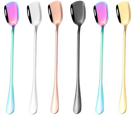 6 Stück Latte Macchiato Bunte Löffel Edelstahl Mehrzwecklöffel Set, 18.9 cm Regenbogen Eisteelöffel, Colorful Lange Löffel Griff Eislöffel, Edelstahl Bunt Kaffeelöffel Dessertlöffel für Cocktails