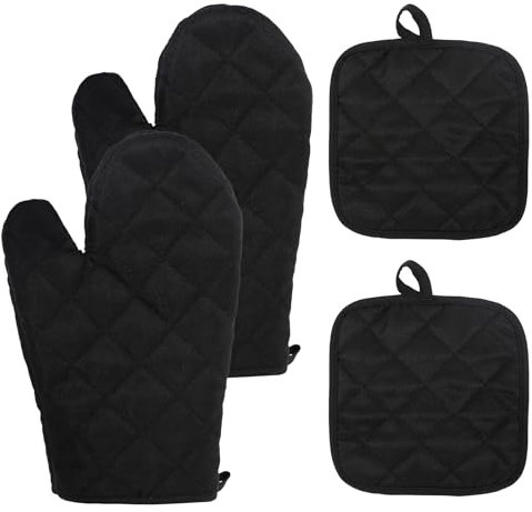 DELAESI Guanti da Forno Professionale Set di 4 Guanti da Forno e Presine in Cotone Nero Resistenti al Calore e Antiscivolo