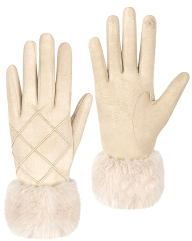 MELLIEX Handschuhe Damen Winter, Elegante Wildleder Handschuhe Touchscreen Thermo Winddicht Winterhandschuhe, Schwarz/Beige