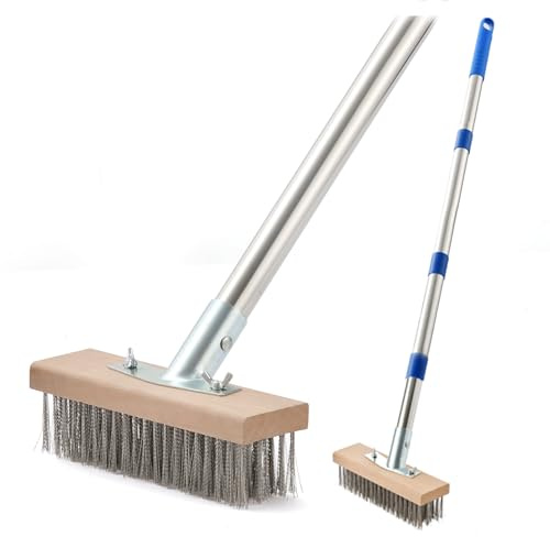 MAXMAN Stainless Steel Wire Scrub Brush with Long Handle, 63 Heavy Duty Large Wire Brush, Stiff Metal Bristle Floor Scrubber, Outdoor Patio Cleaning, Wire Broom for Deck, Concrete, Moss Removal
