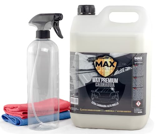 MAX DETAIL-LAB - Wax Premium 5L - Cera Liquida Carnauba Alto Brillo para Coche Lavado en Seco, Poder Hidrofóbico Repelente Agua Antilluvia, Kit Limpieza Detailing Car Profesional Auto Moto 5 Litros