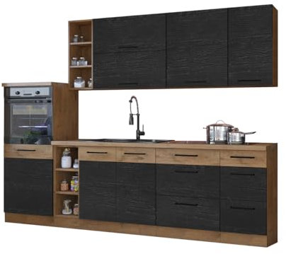 Mirjan24 Küche Woodline IV mit Arbeitsplatte und Spülbecken im Set, Küchenblock/Küchenzeile 9 Schrank-Module frei kombinierbar (Eiche Lancelot/Dark Wood, mit LED Beleuchtung)