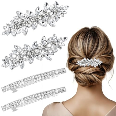 Ouligay 4 Stück Strass Haarspange Silber, Französische Haarspange Hochzeit, Braut Haarschmuck Haarspangen Silber Glitzer mit Funkelnden Kristallsteinen, Kopfstücke Schmuck für Damen Frauen