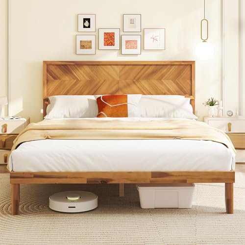 COSTWAY Single/King Size Bed Frame, 3FT/5FT Solid Acacia Wood Platform Bed Frame with Headboard and 22cm Underbed Storage, Mid-Century Modern Slatted Support Bed Base, No Box Spring Needed (King)
