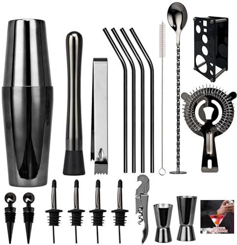 CQJJXKYC Cocteleras 20 Piezas coctelera Boston Negra/Oro Rosa/Plata, Juego de coctelera, Herramientas de Bar, Soporte para Receta de cóctel Juego de Cocktail Shaker(Black1)