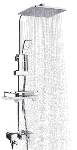 40 °C Thermostatische Duschsäule, 85 – 125 cm, höhenverstellbar, Duschsäule mit Duschkopf, 34 x 29 cm, 3-4 Mischbatterie mit Ablage (Silber, 3 Stopper)