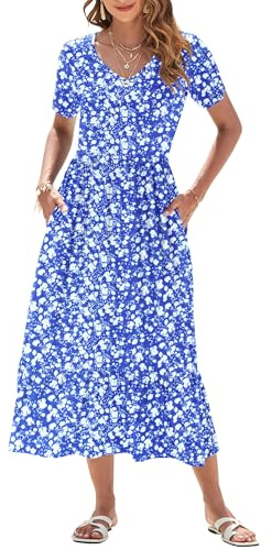 AUSELILY Vestito Estivo da Donna Abito Lungo a Maniche Corte Abito Lungo da Donna Abito Estivo da Spiaggia con Scollo a V e Vita Impero con Tasche Blu Floreale bianco00 L