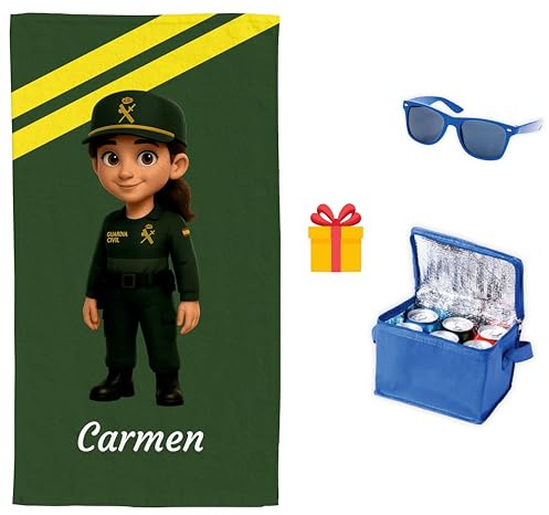 Toalla Guardia Civil Personalizada 100x150 cm. con muñecos originales | Toalla muñecos de la guardia civil personalizada con tu nombre | Regalo de Nevera y Gafas de Sol (GUARDIA CIVIL MUJER MORENA)