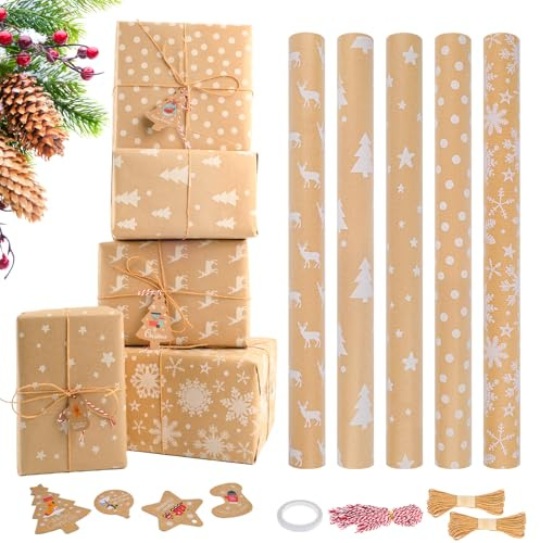 Ruryxel 5 Rollen Geschenkpapier Weihnachten, 43cm x 3m Weihnachtsgeschenkpapier mit 50 Weihnachten Geschenkanhänger, 50 Hanfseil und 2 Juteseil, Kraftpapier Rolle für Geschenkverpackung Weihnachtens