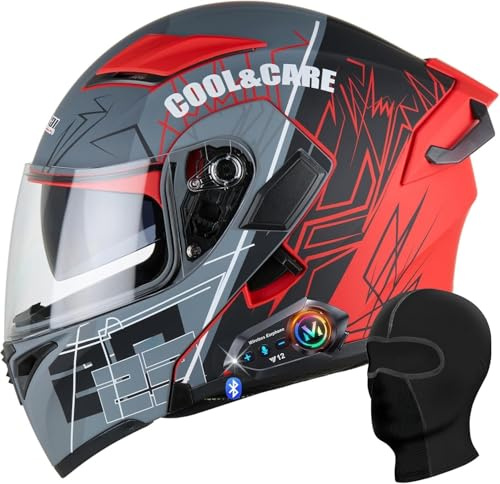 Motorcycle Helmet with Bluetooth Flip-Up Helmet, ECE/DOT Certified, Full Face Helmet with Double Visor, Anti-Fog, Breathable Moped Helmet for Adults with 190° Field of View F,L=59-60cm