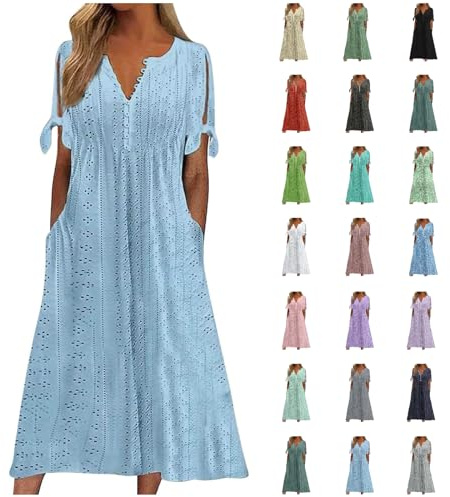 Dresses for Older Women Loose Casual Maxi Dress Short Sleeve V Neck Tunic Flowy Pleated Beach Sundress Plus Size Ladies Boho Dress Holiday Dresses