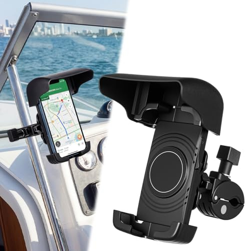 Tellegloww Boat Phone Holder, Marine Cell Phone Holder with Sunshade, 360 Degree Adjustable Knob Crab Clamp, Smartphone Accessory for Cycling, Boat Rail, Pontoon and Outdoor Use(Black)