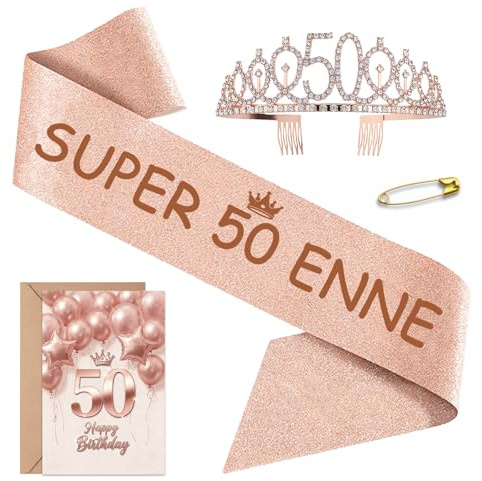 Regalo donna 50 anni, Fascia Compleanno Donna Corona Compleanno Personalizzata con Biglietto, Idee Regalo e Decorazione per Donna, 50 anni compleanno donna(Compleanno-50th)