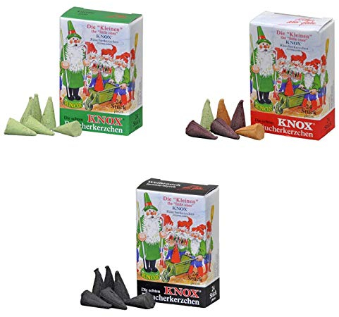 KNOX Mini Räucherkerzen/Rauchkegel Größe S - 3er Set mit den Duftnoten: Weihrauch, Tanne, Bunte Mischung - Insgesamt 72 Stück - Made in Germany