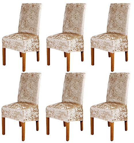 ele ELEOPTION Crushed Velvet Stretchable Elastic Chair Covers for Dining Room Wedding Banquet Party Decoration, XL High Back Chair Protector Slipcover (Champagne, Pack of 6)