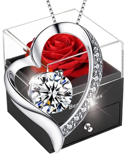 SWEETIME Forever Red Rose Gift Box with Necklace Real Eternal Rose with 925 Sterling Silver heart Necklace,Enchanted Flower Jewellery Gift for Her Mum Wife Women on Mothers day Anniversary Birthday.