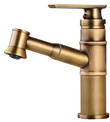 Miscelatore Lavabo Bagno con Doccetta Estraibile Ottone Antico Calda e Fredda Foro Singolo Rubinetto Per Il Lavandino Del Bagno