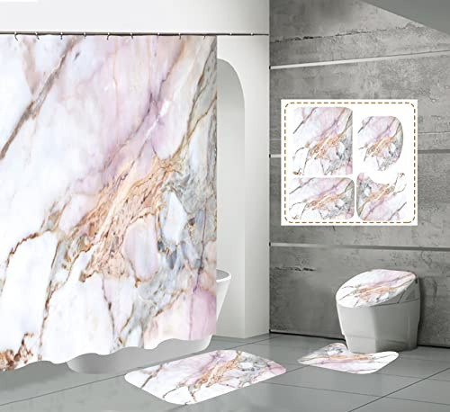 Juego de 4 cortinas de ducha con textura de mármol con alfombras antideslizantes, cubierta de tapa de inodoro y alfombrilla de baño, cortina de ducha abstracta de mármol natural, blanco, rosa y gris