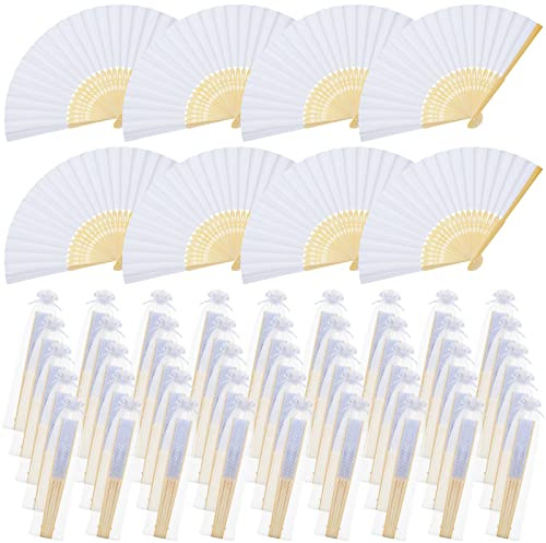 Otuuz 50 Abanicos de Mano de Bambú Plegables Abanicos de Papel Chinos con Funda de Tela Abanicos de Boda Blancos para Mujer Niño Invitado Recuerdo Verano Cumpleaños Fiesta Regalo Decoración
