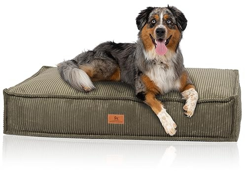 Knuffelwuff Hundekissen Lesedi aus Cord mit Handwebcharakter 80x60cm Khaki - Abnehmbarer Bezug - waschbar - für große, mittelgroße und kleine Hunde