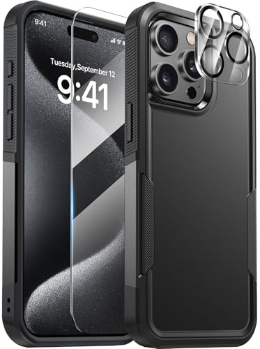 Diaclara iPhone 15 Pro Schutzhülle mit Sichtschutz aus gehärtetem Glas und Vollständiger Kameraschutz, [Fallschutz nach Militärstandard] Hochfeste, stoßfeste Handyhülle, schwarz