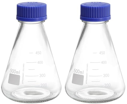 PATIKIL Erlenmeyer Flask, 2 Pcs 500ml Narrow Mouth Graduated Flasks with Screw Cap Borosilicate Glass Flasks with Printed Graduation for Lab, Experiment, Chemistry, Science Study