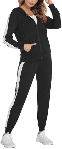 Parabler joggingdräkt dam set träningsoverall tvådelad dam sport kostym fritidsoverall huvjacka sportbyxor S–XXL, svart, XL