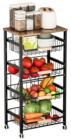 Black 5-Tier Fruit & Veggie Storage Cart on Wheels - Pull-Out Kitchen Organizer with 3 Tiers for Potatoes, Onions, & More