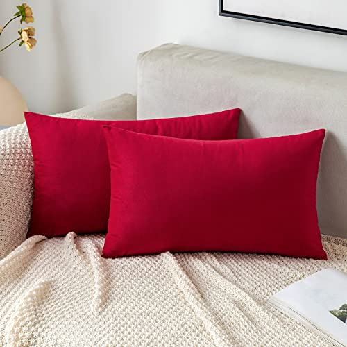 Emema Kuddfodral i sammet, 40 x 60 cm, med dold dragkedja, perfekt för soffkuddar, 2-pack, dekorativt kuddöverdrag för prydnadskuddar, röd
